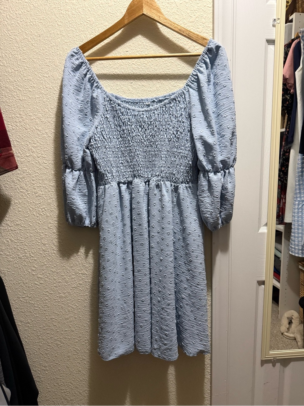 Cottagecore Light Blue Smocked Puff Sleeve Dress